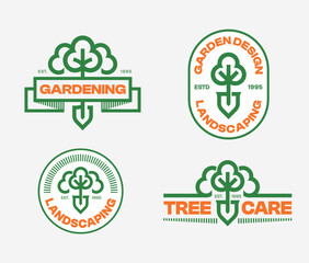 Landscaping, Gardening, tree and lawn care company logo template collection. Graphic symbol combining the image of a shovel and a tree in a bold confident style.