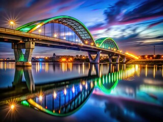Obraz premium Centennial Bridge Davenport Iowa Night Photography, Low Light, Bridge Photography, Night Scene, Cityscape, River, Mississippi River, Illumination