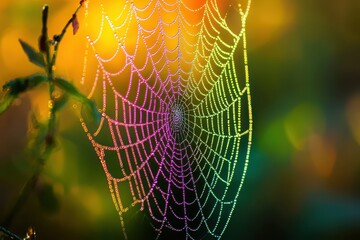 Colorful Spider Web with Dew Drops in Nature's Soft Light