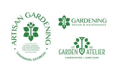 Artisan gardening and landscaping emblems logo badges collection. Graphic symbol combining images of a shovel, leaves, crown in a refined elegant style.