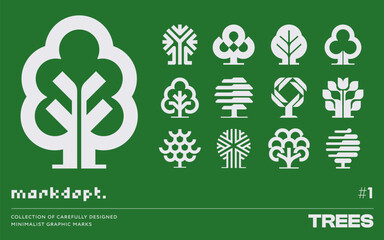 Collection of tree graphic marks and symbols. Original tree icons. Tree logo templates in clear minimal graphic style. Iconic plants set.