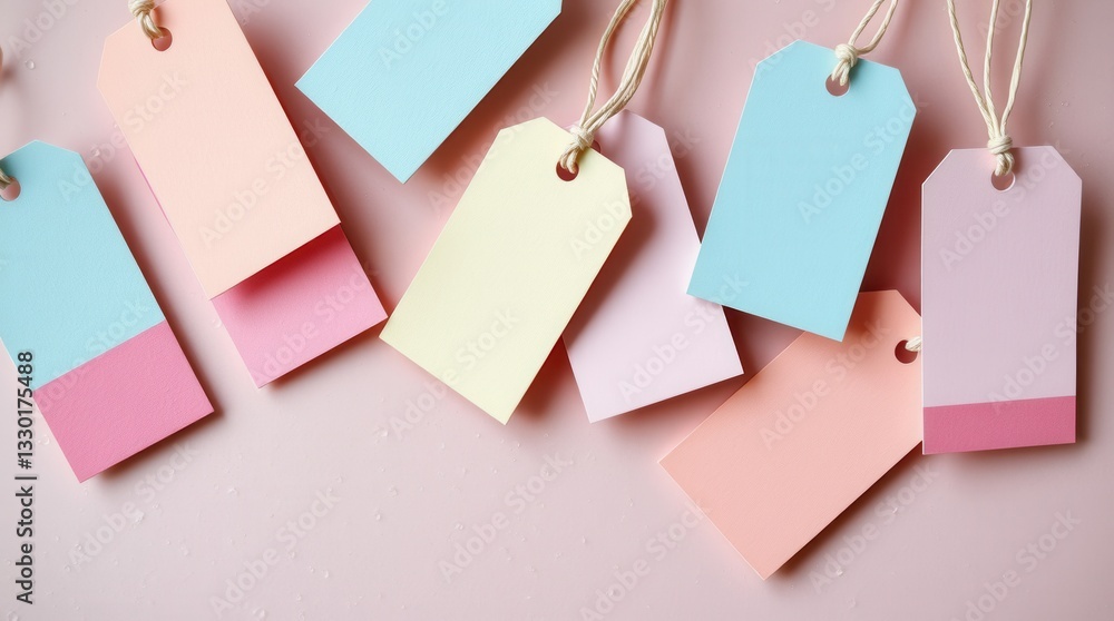 Poster pastel tags on a pink backdrop create a soft, inviting aesthetic for labeling and organizing items.