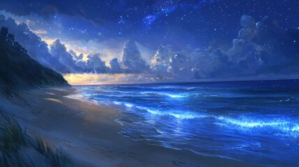 Serene Nighttime Beach Scene with Starry Sky and Ocean Waves
