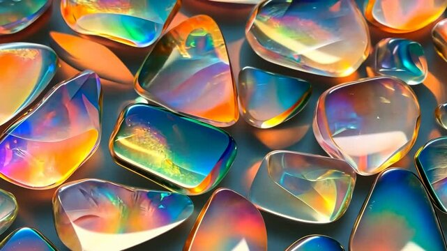 Colorful, translucent Opal gemstones with a glossy surface, reflecting light in various hues. The stones are irregularly shaped, showcasing a vibrant spectrum of colors mineral pattern texture.