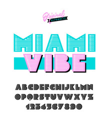 Miami Vibe original retro alphabet. Vibrant retro wave striped typeface. Colorful neon vintage font. Stylish nostalgic decorative pop art typography. Lettering with linear geometric pattern.
