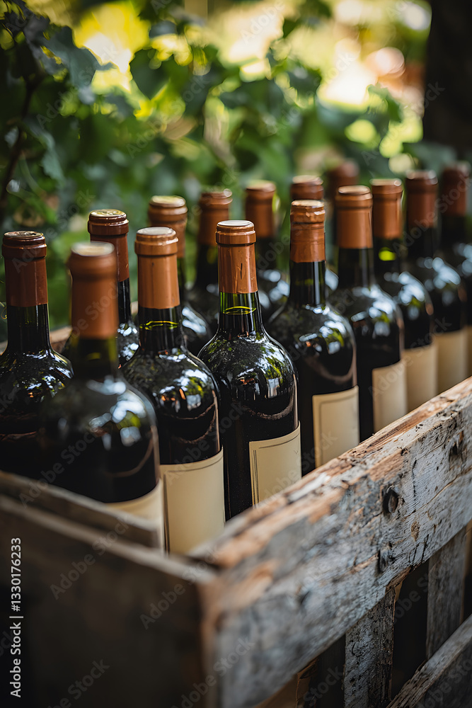 Poster rustic wooden crate filled with wine bottles in a vineyard setting. generative ai