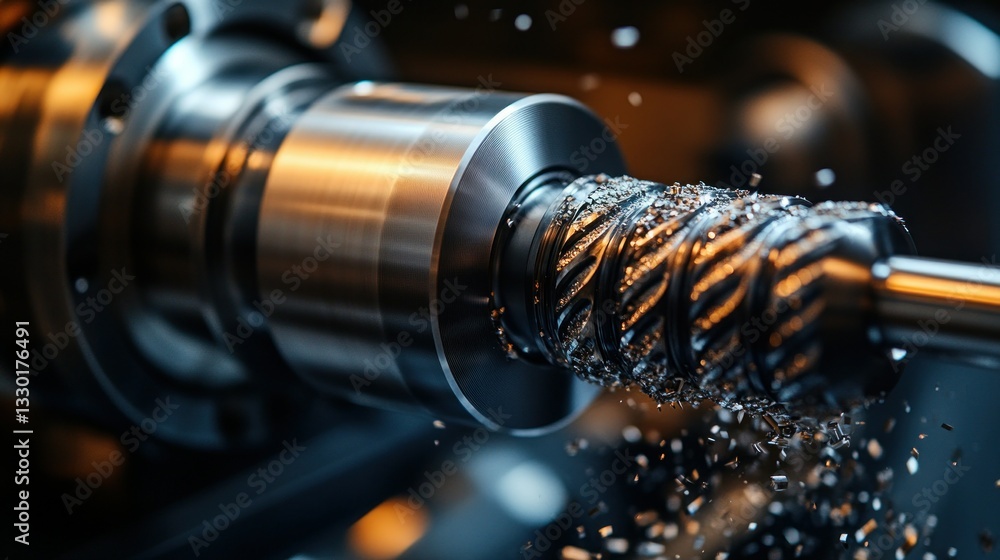 Poster precision machining process in action. metal shavings fly as a cutting tool processes a metal part. 