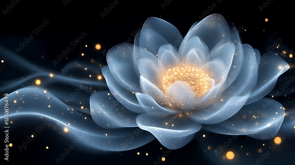 Poster a luminous digitally rendered flower is displayed on a dark backdrop