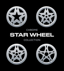 Set of car wheel chromed steel light alloy rim cast emblems. Repair shop or detailing service garage. Star symbol. Premium shiny automotive logo badges. Metallic luxury star icon symbols.
