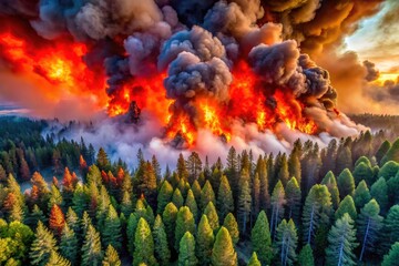 Fototapeta premium Climate Change Wildfire Aerial Photo: Burning Forest, Smoke, Environmental Disaster