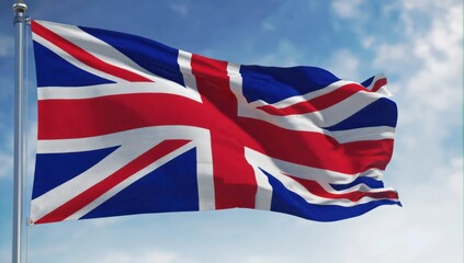 Fototapeta premium Union jack flag waving in the wind against blue sky scenery for patriotic themes and national celebrations