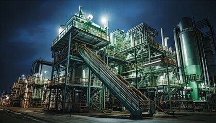 Fototapeta premium A striking nighttime view of an illuminated industrial refinery with intricate metal structures, towering pipes, and staircases, glowing under artificial lights against a deep blue sky.