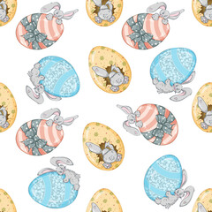 Happy Easter seamless pattern, Easter colorful eggs, Funny bunny seamless pattern, Easter eggs seamless pattern, Cartoon rabbit seamless pattern