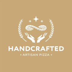 Original Pizza Restaurant Logo Design. Retro Pizzeria Badge. Hand Made Pizza Emblem. Hands Toss Pizza Dough Surrounded by Ears of Wheat Vintage Woodcut Illustration.