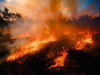 Fiery landscape, smoke and flames