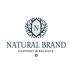 Elegant Floral Wreath with Branches Leaves. Original Hand Drawn Botanical Frame Logo Suggesting Harmony and Balance. Natural Organic Delicate Fine Classy Emblem. Graceful Minimal Monogram Badge.