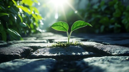 A small plant sprouts between cobblestones, illuminated by sunlight, symbolizing resilience.