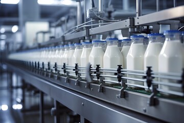 Robotic Milk Factory Line with Conveyor Belts and Bottling Process