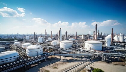 Obraz premium Expansive industrial oil refinery complex with storage tanks and towering chimneys under a clear sky.
