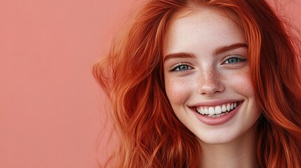 Fototapeta premium Cheerful Young Woman with Red Hair Smiling Against a Pink Background