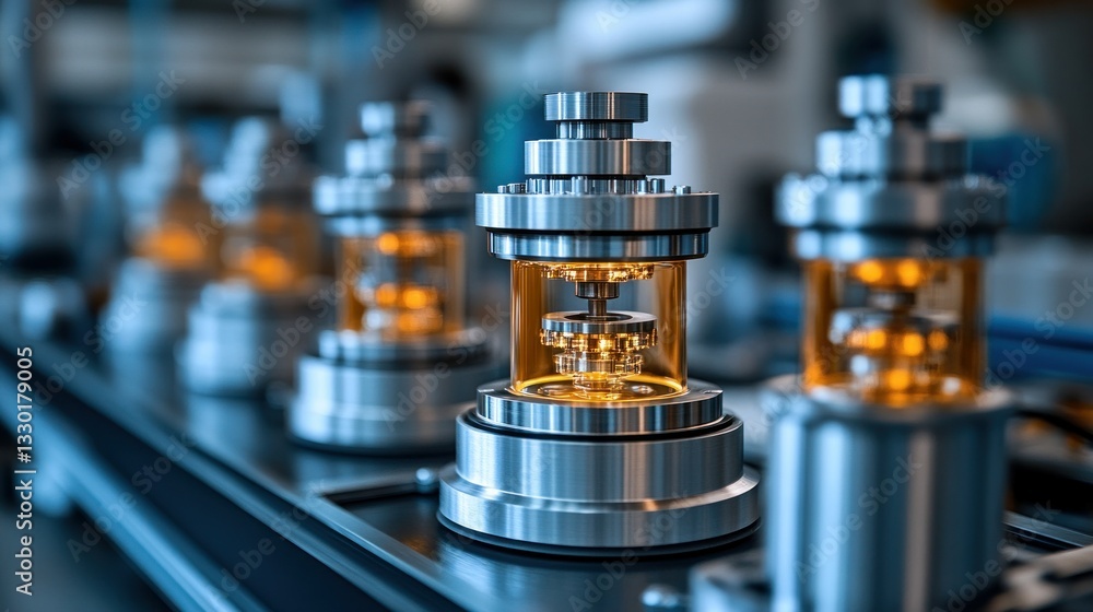 Poster precision metal scientific instruments lined up on a conveyor. multiple devices with transparent con