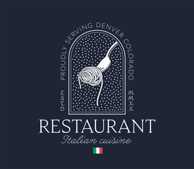 Original Italian Cuisine Restaurant Logo Design. Vintage Premium Luxury Stylish Resto Badge. Classy Spaghetti Emblem. Pasta on a fork Icon. Vintage Line Art Illustration. Luxury Boho Style.
