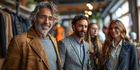 A stylish group of elegantly dressed people enjoys sophisticated gathering in a boutique or upscale store