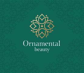 Line art ornate elegant logo. Floral decorative emblem. Flowers linear border badge. Feminine organic oriental luxury delicate stylish logo.  