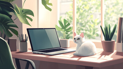 Fototapeta premium A cozy home office setup with a laptop, a cup of coffee, and a cat or dog lounging nearby. The workspace is neat and minimalistic, with natural light pouring in, creating a perfect balance of