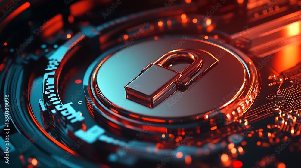 Poster a digital lock symbolizing cybersecurity within a circuit board design.