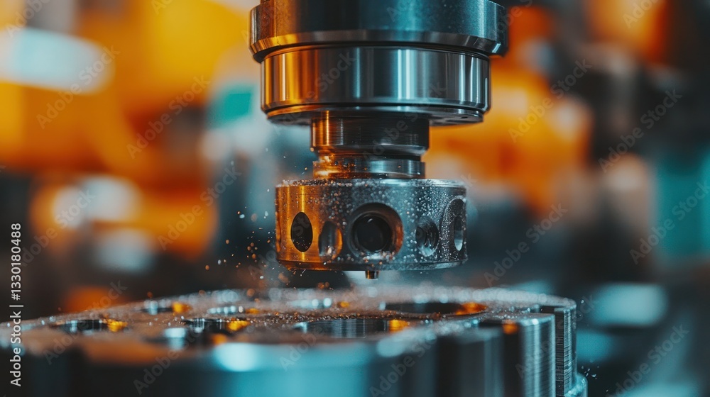 Poster precision metalworking machine in action. a close-up view of a machine tool drilling and machining a