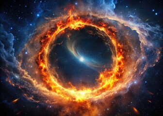 Obraz premium Cosmic Inferno: Fire Circle Space Background, Deep Space Flame, Nebula Fire Ring, High Depth of Field, Celestial Fire, Space Art, Fantasy Fire