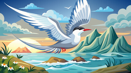 Graceful Arctic tern soaring above a scenic coastal landscape with towering mountains, crashing waves, and a golden sunset in the background