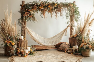 A decorative interior scene featuring a hammock and floral arrangements