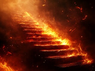 Fiery staircase ascending into darkness.