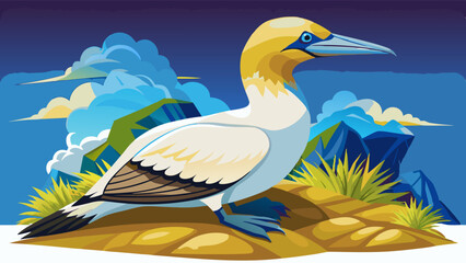 Northern gannet standing on a rocky coastal landscape with mountains and clouds in the background, depicted in a colorful and stylized digital illustration