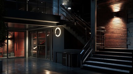 A modern entryway featuring stairs, glass doors, and ambient lighting.