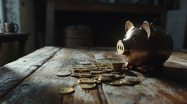 A golden piggy bank surrounded by scattered coins on a rustic wooden table.