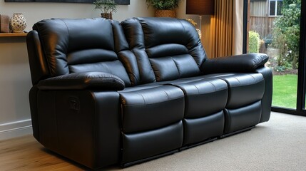 Black leather recliner sofa, plush cushioning, double seater, modern design, home living room furniture