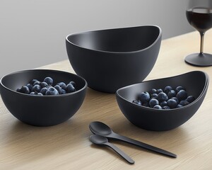 Black Elegant Bowls with Fresh Blueberries on Wooden Table Surface