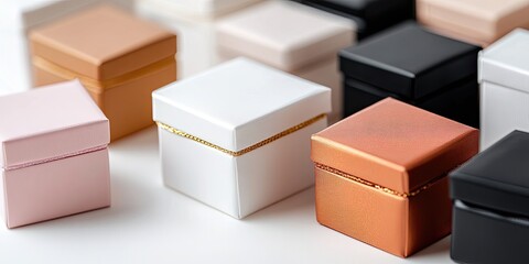 Small elegant boxes with pearlescent coating, white background. box, gift, isolated, package, present, cardboard, open, christmas, object, container, block, birthday, cube, red, empty, packaging