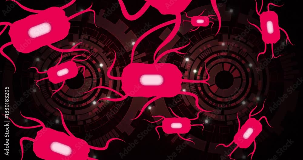Poster animation of red abstract shapes with lines over intricate circular digital patterns