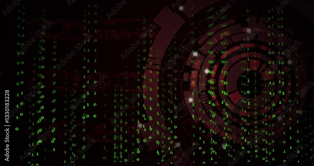 Poster flowing binary code in animation over red digital interface with circular patterns