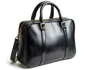 Naklejka premium Elegant Black Leather Handbag with Gold Zipper on White Background