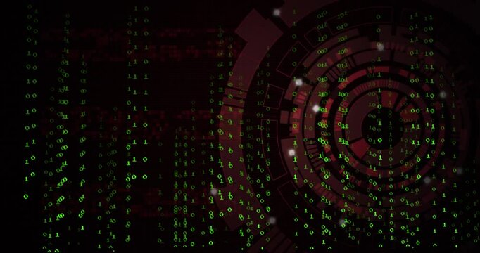 Flowing binary code in animation over red digital interface with circular patterns
