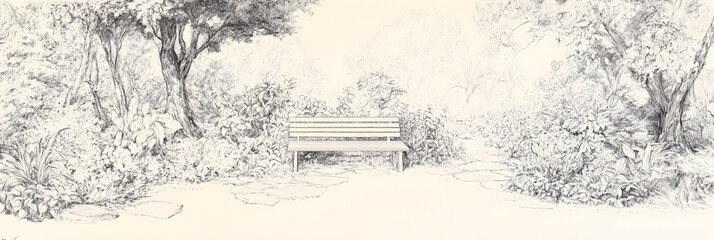 Unfinished Garden Sketch With Wooden Bench Amidst Flourishing Flora and Trees
