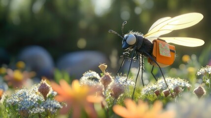 Animated insect with backpack in a meadow