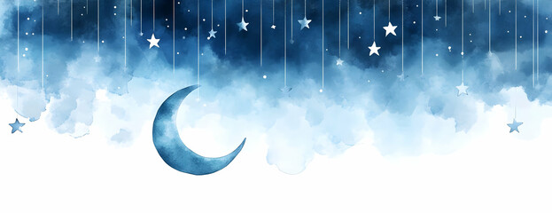 Watercolor moon, stars, clouds; night sky