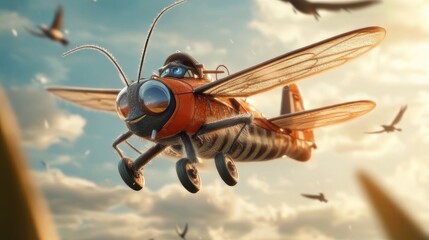 A cartoon insect plane soars through the sky