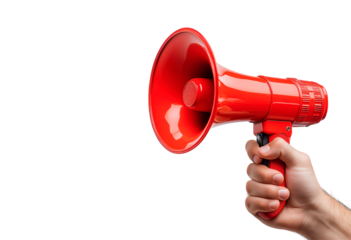 Hand holding a red megaphone isolated on transparent background
